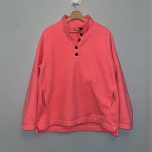 J Crew Womens 2XL neon pink fleece pull over sweater, button collar & pockets
